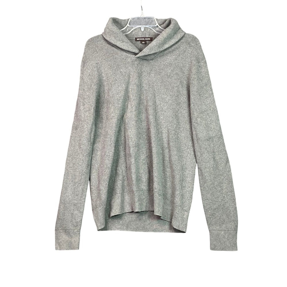 Michael Kors Shawl Collar Sweater Womens Large Grey Ribbed Knit Pullover Cotton
